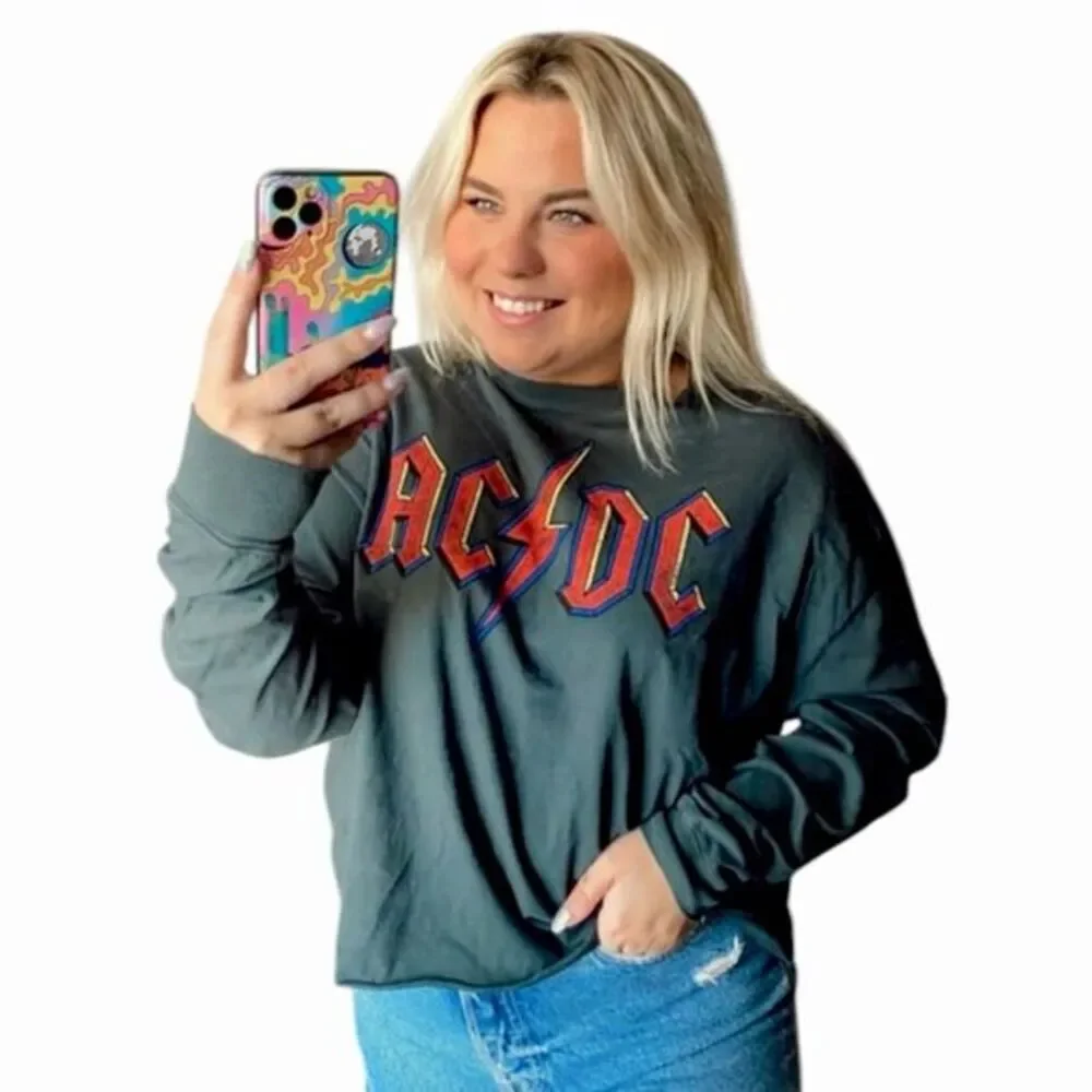 Free People Daydreamer Size S AC/DC Long Sleeve Graphic Tee Charcoal Black‎ Boxy